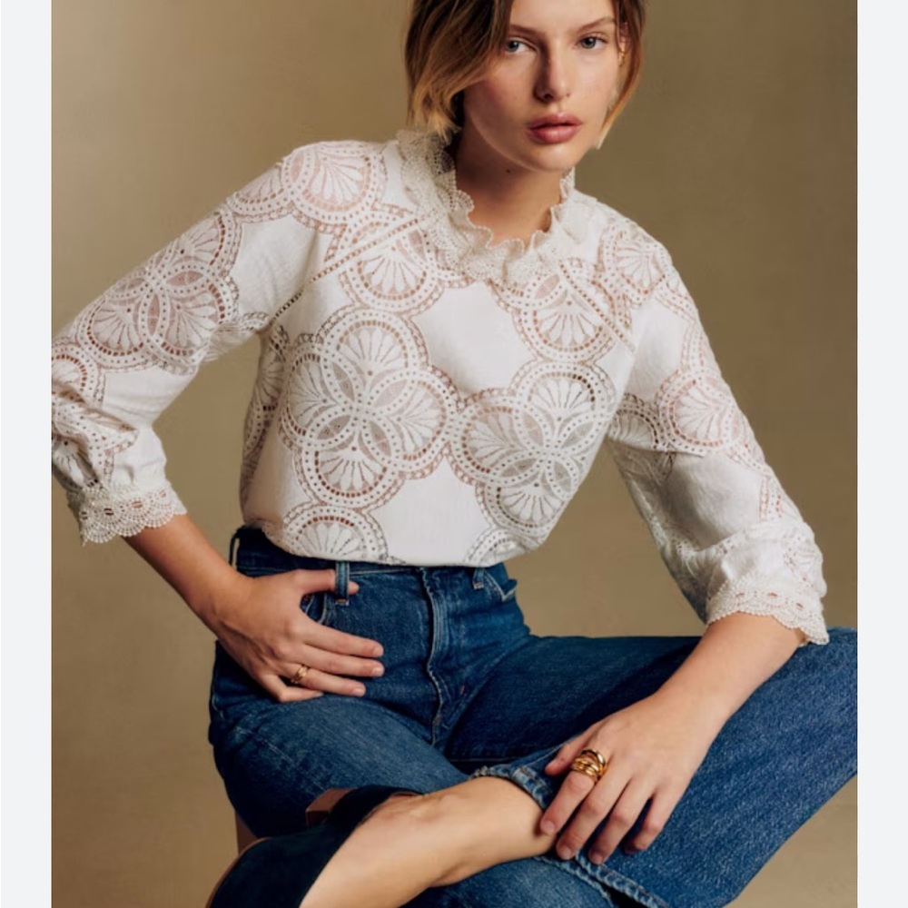 Sézane Bianca Ecru Eyelet Lace Blouse Organic Cotton Size 2 - Picture 5 of 14